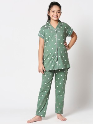 ZEYO Baby Girls Printed Green Shirt & Pyjama set
