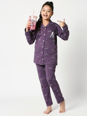 ZEYO Baby Girls Printed Purple Shirt & Pyjama set