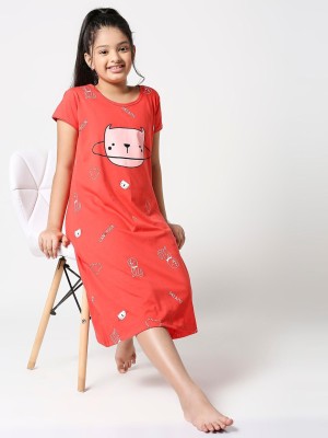 ZEYO Kids Nightwear Girls Printed Cotton Blend(Red Pack of 1)