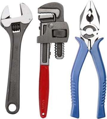NSV Combo Pack of 3 Tool Kits Set for Home (Contains 8 Inch Adjustable Spanner, 8 Inch Combination Plier, 10 Inch Pipe Wrench) Hand Tool Kit(3 Tools)