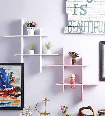 Amaze Shoppee Hashtag Floating Wall Mount Shelf Display Shelves Wooden Wall Shelf(Number of Shelves - 4, White, Pink)
