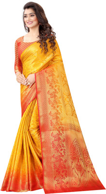 DHRUVIL TEXTILES Self Design Kanjivaram Cotton Silk Saree(Yellow)