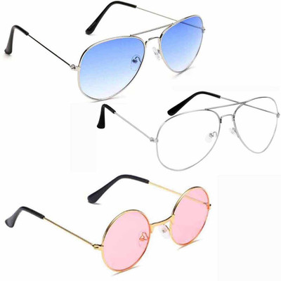 BROOF Aviator, Aviator, Round Sunglasses(For Men & Women, Clear, Blue, Pink)