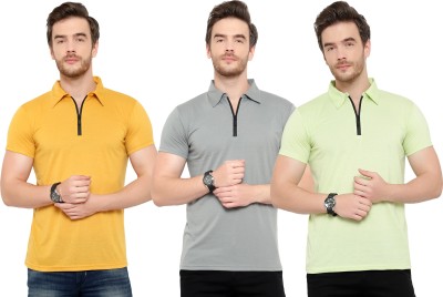 Tivy Solid Men Polo Neck Grey, Yellow, Light Green T-Shirt