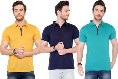 Tivy Solid Men Polo Neck Dark Blue, Blue, Yellow T-Shirt