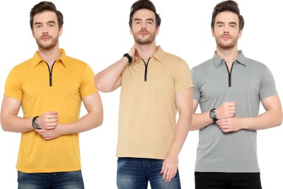 Adorbs Solid Men Polo Neck Beige, Grey, Yellow T-Shirt