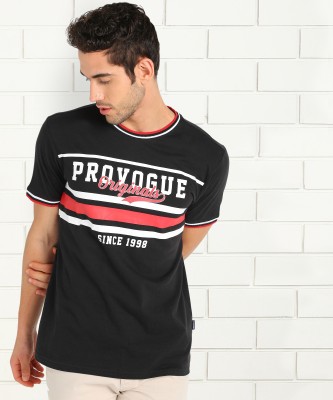 PROVOGUE Printed Men Round Neck Black T-Shirt