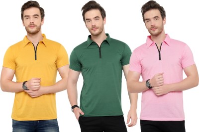 Adorbs Solid Men Polo Neck Dark Green, Pink, Yellow T-Shirt