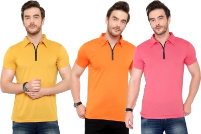 Adorbs Solid Men Polo Neck Pink, Orange, Yellow T-Shirt