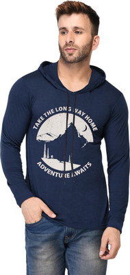 GOKUL FASHION Printed Men Hooded Neck Dark Blue T-Shirt