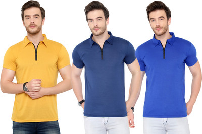 Tivy Solid Men Polo Neck Blue, Yellow T-Shirt