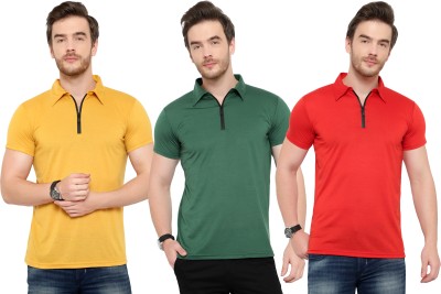 Tivy Solid Men Polo Neck Red, Green, Yellow T-Shirt