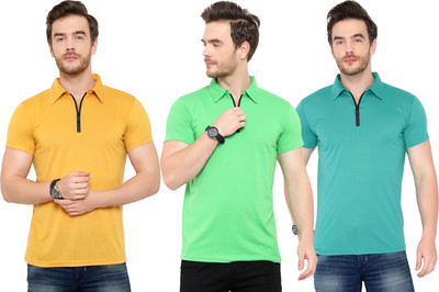 Adorbs Solid Men Polo Neck Green, Yellow T-Shirt