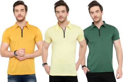 Tivy Solid Men Polo Neck Dark Green, Yellow T-Shirt