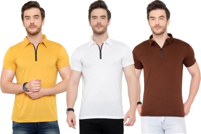 Tivy Solid Men Polo Neck White, Brown, Yellow T-Shirt