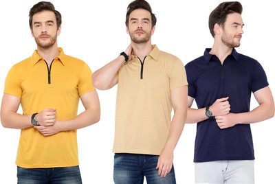 Adorbs Solid Men Polo Neck Dark Blue, Beige, Yellow T-Shirt