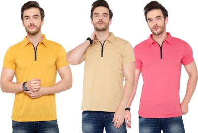 Tivy Solid Men Polo Neck Pink, Beige, Yellow T-Shirt