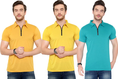 Adorbs Solid Men Polo Neck Green, Yellow T-Shirt