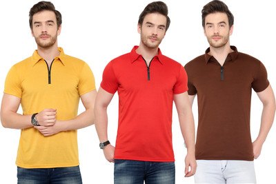 Adorbs Solid Men Polo Neck Red, Brown, Yellow T-Shirt