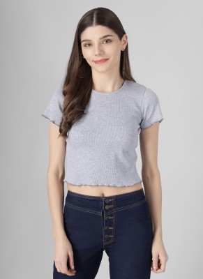 FAIRIANO Casual Short Sleeve Solid Women Grey Top