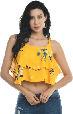 Nature Craft Casual Sleeveless Printed Women Yellow Top