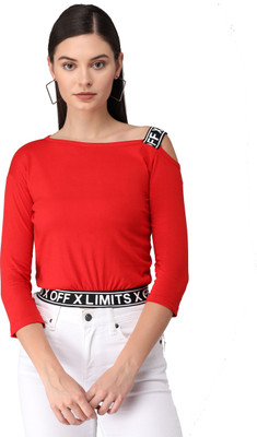 Fit N Fame Casual 3/4 Sleeve Solid Women Red Top