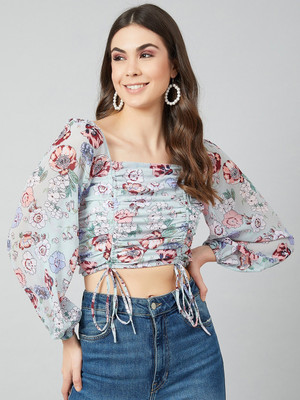 ATHENA Casual Puff Sleeve Floral Print Women Light Green Top