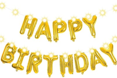 Almoda Creations Solid HAPPY BIRTHDAY Banner with Fairly LED Strip (Battery Operated) , Gold Happy Birthday Letters Foil Balloon Banner, Fairy String Lights Hanging 16 Inch Aluminium Foil Balloon Banner for Indoor Outdoor Birthday Party Decoration Letter Balloon(Gold, Pack of 14)