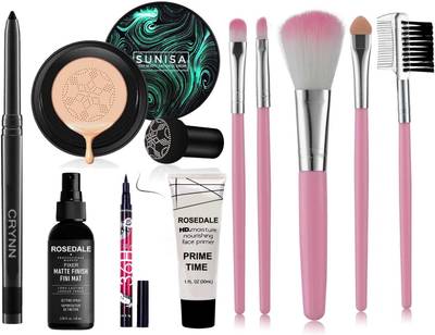 Crynn Smudge Proof Waterproof Long Lasting Kajal & Korean Mushroom Air Cushion Sunisa CC Cream Foundation & Rosedale The Matte Fixer Makeup Face Spray & Illuminating Foundation Pearl Primer & 5in1 Professional Makeup Brush