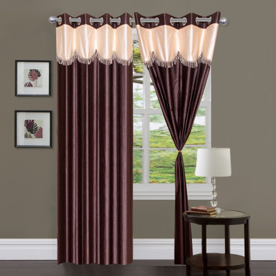 Panipat Textile Hub 213 cm (7 ft) Polyester Door Curtain (Pack Of 2)(Floral, Brown)
