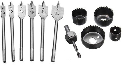 uptodatetools 6pcs Flat Wood Drill Bit Set Hex Shank Boring Bit for Wood PCB Plastic Hole Saw Drilling, 5pcs Hole Saw Set Hole Saw Cutter with Mandrel Wood Working Drill Bit