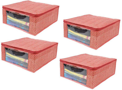 Tiarakrafts 4 Presents high quilted cotton saree cover storage bags for clothes big With primum quality fancy saree cover with zip combo offer low price & cloth organizer Set of 4 RED 4(Red, White)