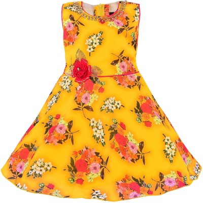 Wishkaro Girls Midi/Knee Length Casual Dress(Yellow, Sleeveless)