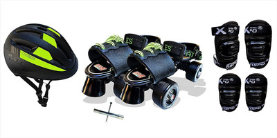 Jaspo .Blacken Intact Adjustable Senior Roller Skates Combo Suitable for Age Group 6 to 14 Years (Skates+ Helmet + Knee Guard+ Elbow Guard + Bag+Key) Skating Kit