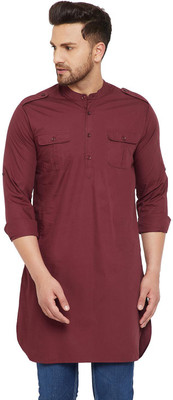 HYPERNATION Men Solid Pathani Kurta(Maroon)