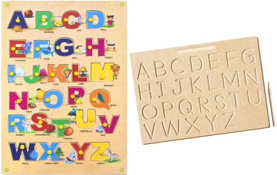 Haulsale Latest English Alphabet (A to Z) Capital/Uppercase Letter with Pics & Montessori English Alphabet Wooden Tracing Board - Capital/Uppercase Letters - Montessori English Learning/ Wooden Montessori Learning Skills and Writing Practice(Beige)