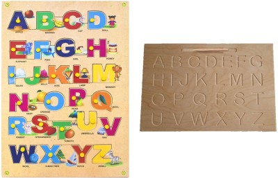 Haulsale Easy To Learn English Alphabet (A to Z) Capital/Uppercase Letter with Pics & Montessori English Alphabet Wooden Tracing Board - Capital/Uppercase Letters - Montessori English Learning/ Wooden Montessori Learning Skills and Writing Practice(Beige, Brown)