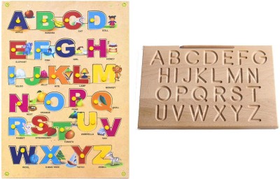 Haulsale Antique English Alphabet (A to Z) Capital/Uppercase Letter with Pics & Montessori English Alphabet Wooden Tracing Board - Capital/Uppercase Letters - Montessori English Learning/ Wooden Montessori Learning Skills and Writing Practice(Beige)