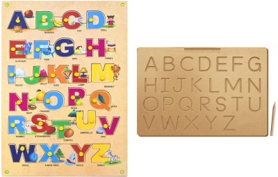 Haulsale Advanced English Alphabet (A to Z) Capital/Uppercase Letter with Pics & Montessori English Alphabet Wooden Tracing Board - Capital/Uppercase Letters - Montessori English Learning/ Wooden Montessori Learning Skills and Writing Practice(Beige)