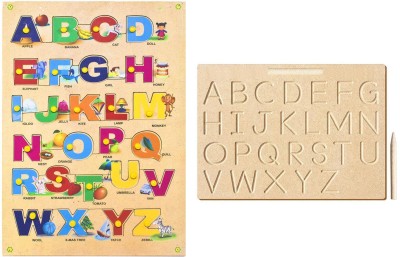 Haulsale English Alphabet (A to Z) Capital/Uppercase Letter with Pics & Montessori English Alphabet Wooden Tracing Board - Capital/Uppercase Letters - Montessori English Learning/ Wooden Montessori Learning Skills and Writing Practice(Beige)