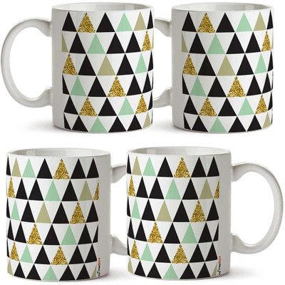 FirseBUY Abstract Geometric Triangle Pattern Printed 11Oz (Pack of 4) Ceramic Coffee Mug(325 ml, Pack of 4)