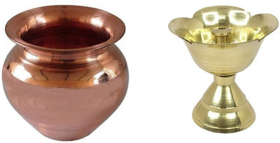 Utkarsh Combo Of Copper ( 3 No Regular Size ) Kalash Lota With Pure Brass Flower Shape ( 1 No Small Size ) Pital Deepak Brass(2 Pieces, Gold)