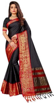 SHARIRI Woven Banarasi Cotton Silk Saree(Black)