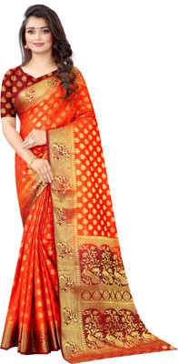 FINE WEAR Self Design Banarasi Cotton Silk Saree(Orange)