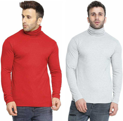 Christone Solid Men Turtle Neck Red, Grey T-Shirt