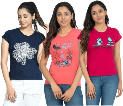 IndiWeaves Printed Women Round Neck Dark Blue, Pink T-Shirt