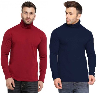 Christone Solid Men Turtle Neck Maroon, Blue T-Shirt