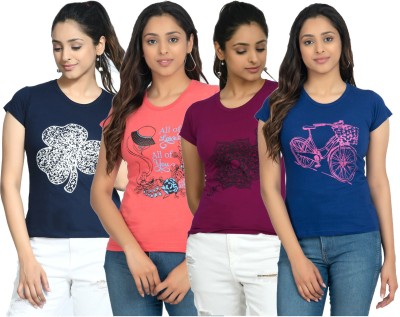 IndiWeaves Printed Women Round Neck Purple, Blue, Pink T-Shirt