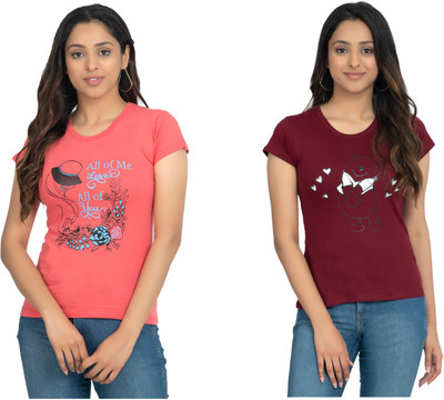 IndiWeaves Printed Women Round Neck Maroon, Pink T-Shirt