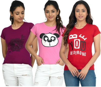 Indistar Printed Women Round Neck Red, Maroon, Pink T-Shirt